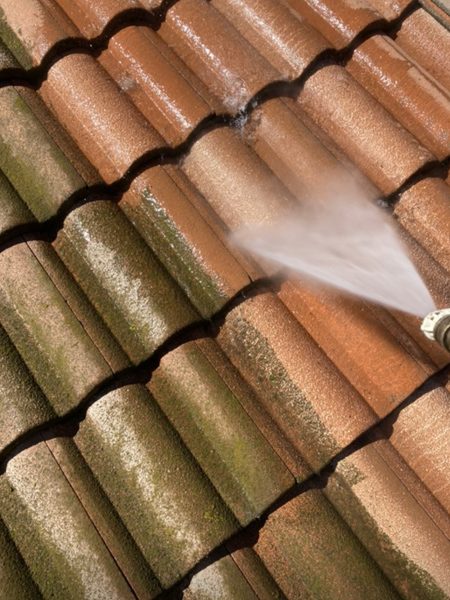 Algae and moss roof wash on tile roof